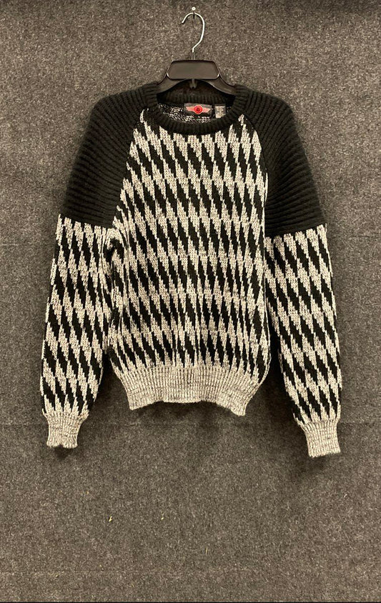 Vintage 80s Boss Men's Geometric Knit Sweater Black Gray Raglan Sleeve Sz M