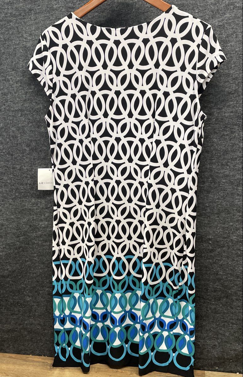 Liz Claiborne Women's Black White Blue Geometric Link Stretch Dress NWT Sz L