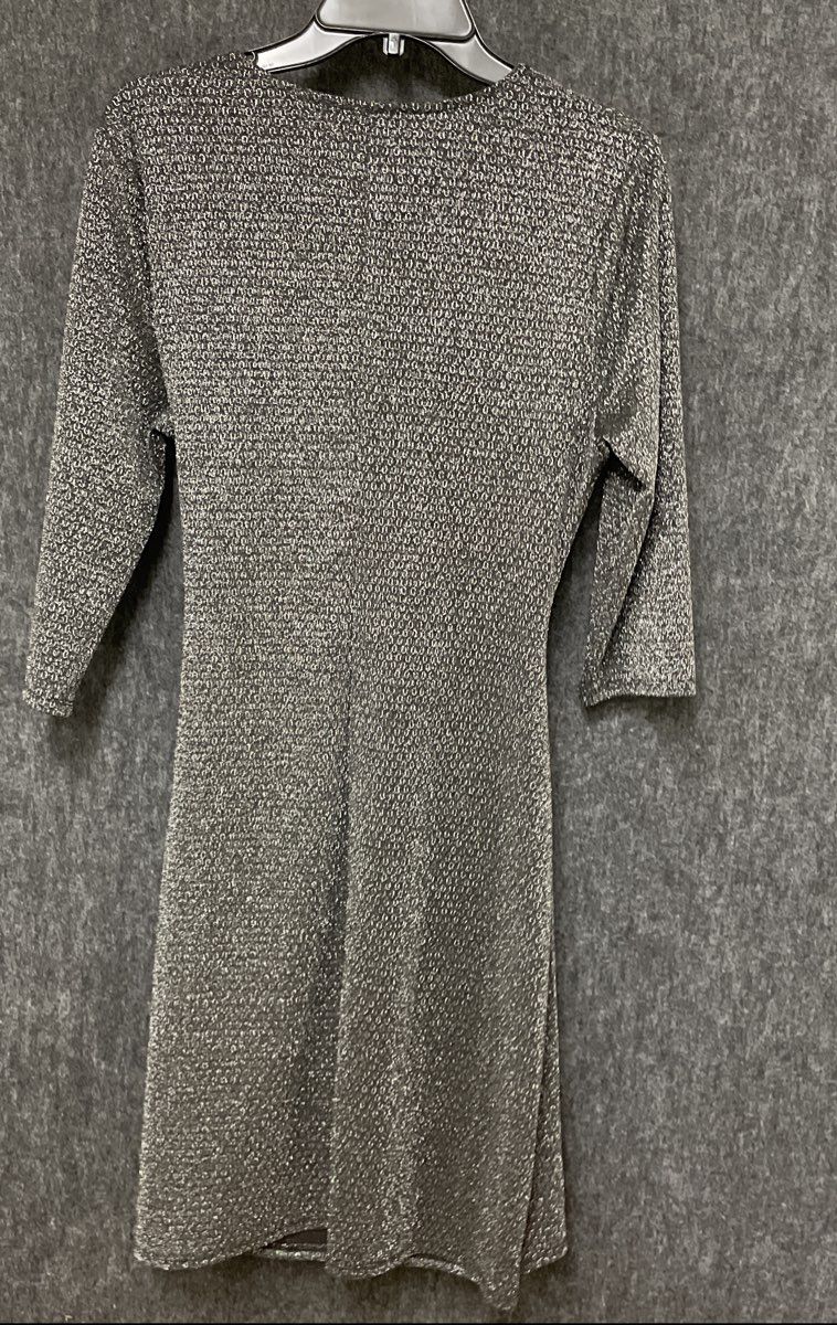 Luxology Women's Silver Black Shimmer Metallic Knit Rhinestone Buckle Dress L