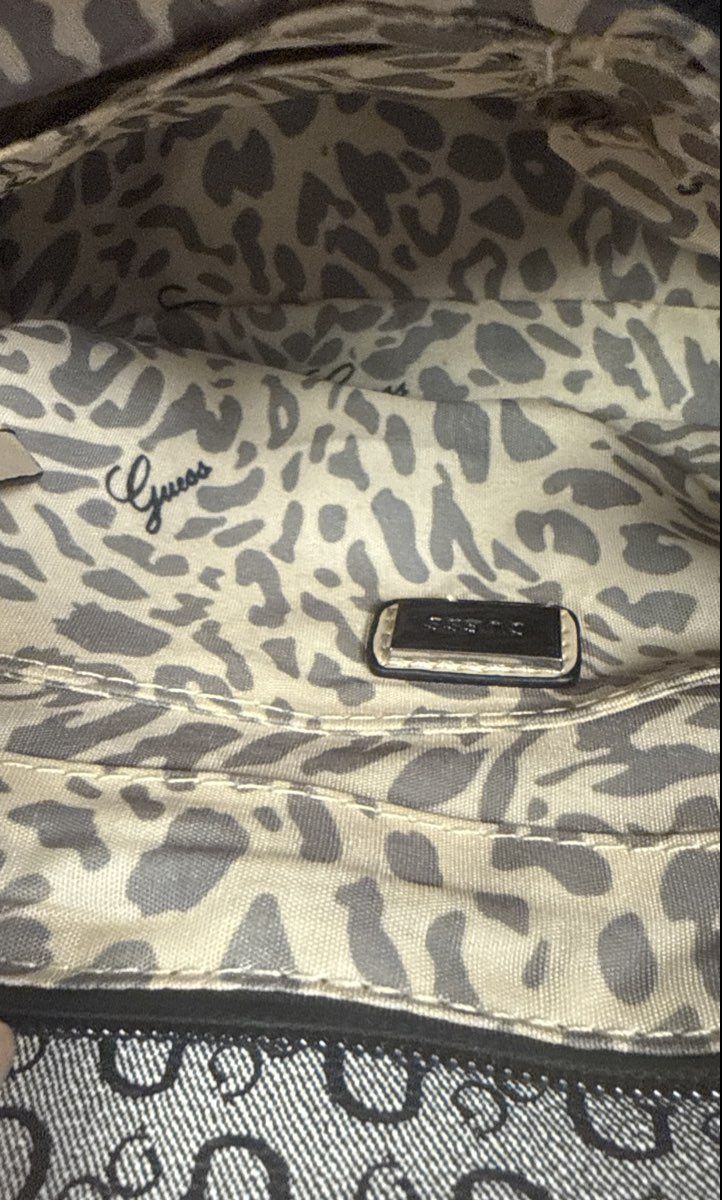 GUESS Grey Black Monogram Canvas Satchel Handbag Crossbody Bag Leopard Lining