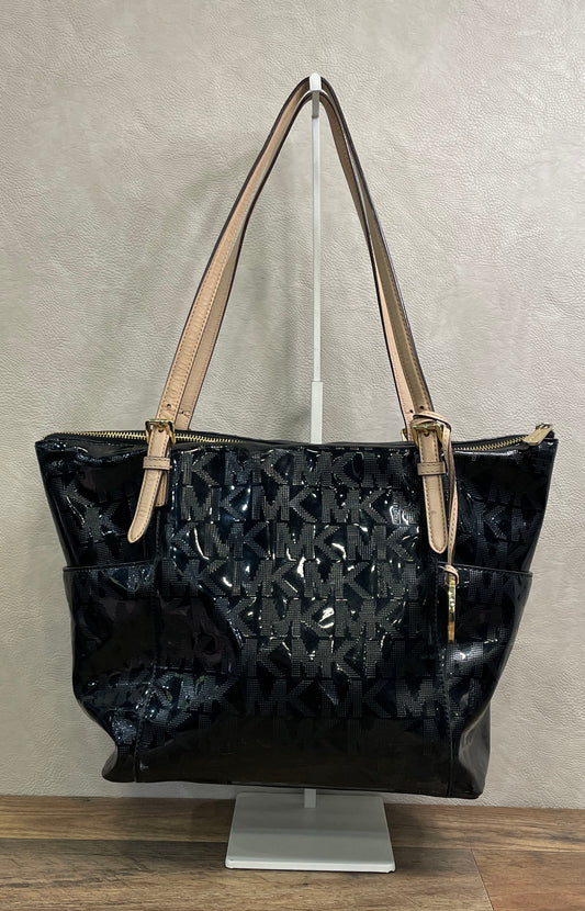 Michael Kors Black Patent Monogram Jet Set Tote Bag Gold Tone Hardware Charm