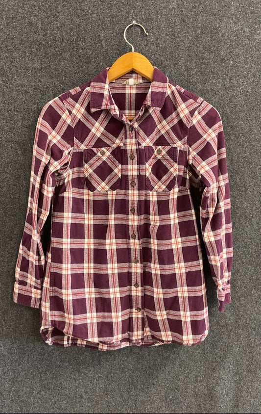 Duluth Trading Co Women's Flannel Shirt Purple Plaid Button Up Long Sleeve Sz S