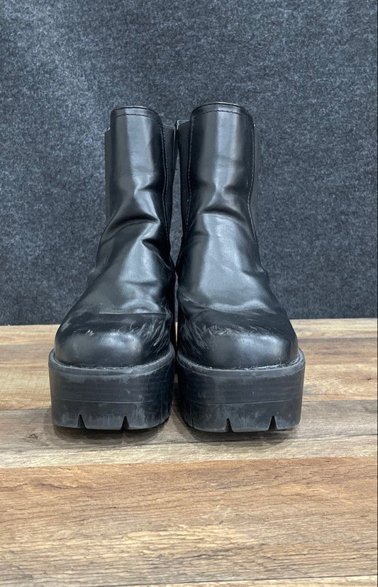 Black Faux Leather Platform Block Heel Lug Sole Ankle Boots Women's Size 6.5