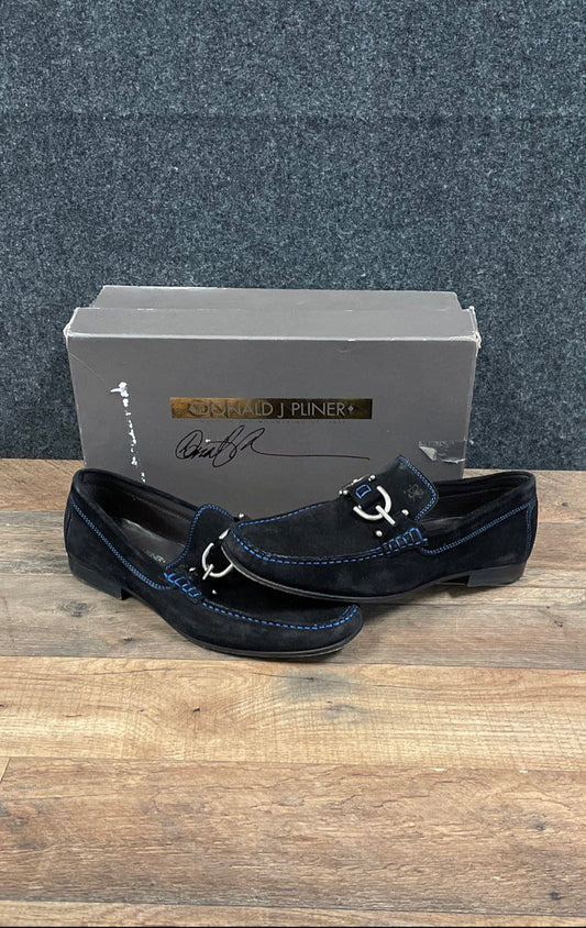 Donald J Pliner Dacio Black Suede Blue Stitching Bit Loafers Men's Size 7 M