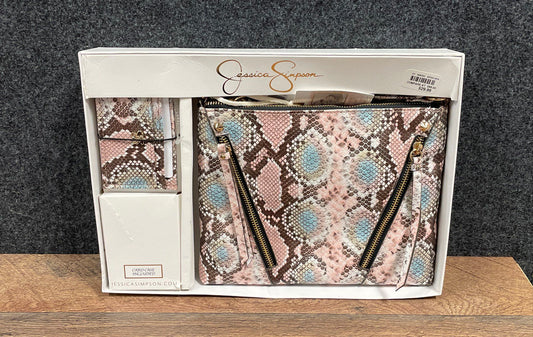 NWT Jessica Simpson Pink Blue Snakeskin Clutch Pouch & Card Case Wallet Set
