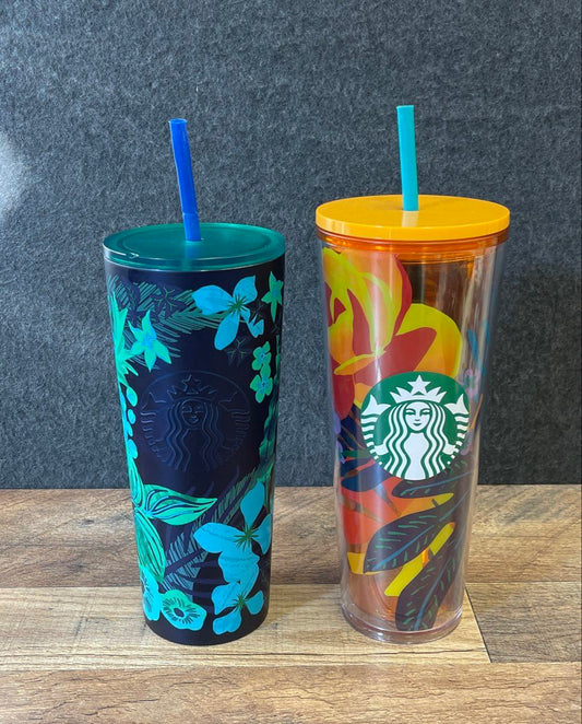 Starbucks Lot of 2 Floral Tropical Tumblers Venti 24 oz Stainless & Acrylic