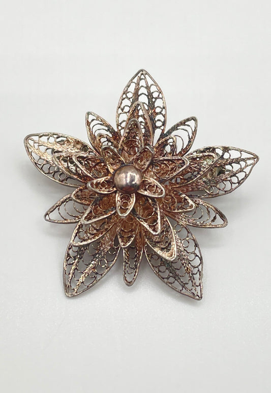 925 Sterling Silver Multi-Layered Openwork Filigree Flower Brooch Pin 3.9g