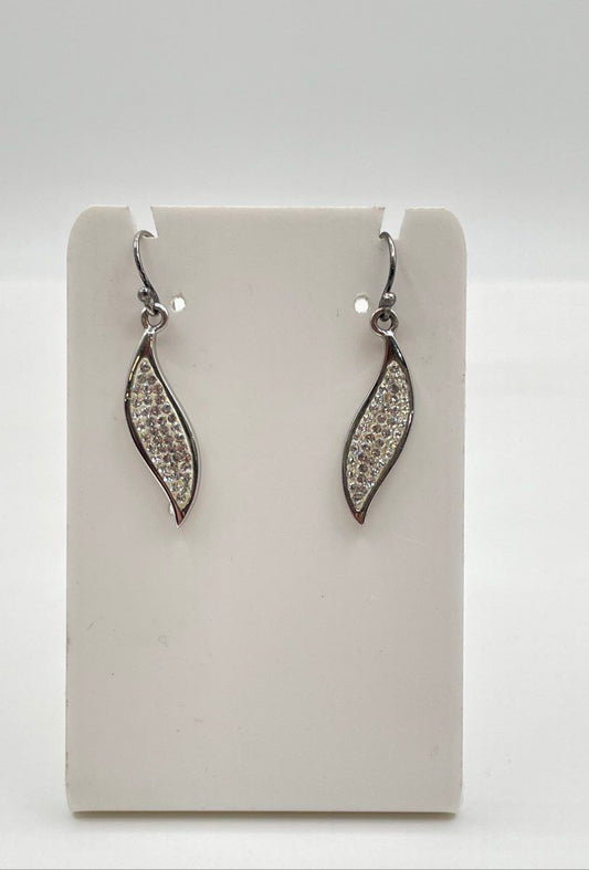 925 Sterling Silver Rhinestone Pavé Curved Leaf-Shaped Dangle Earrings 3.8g