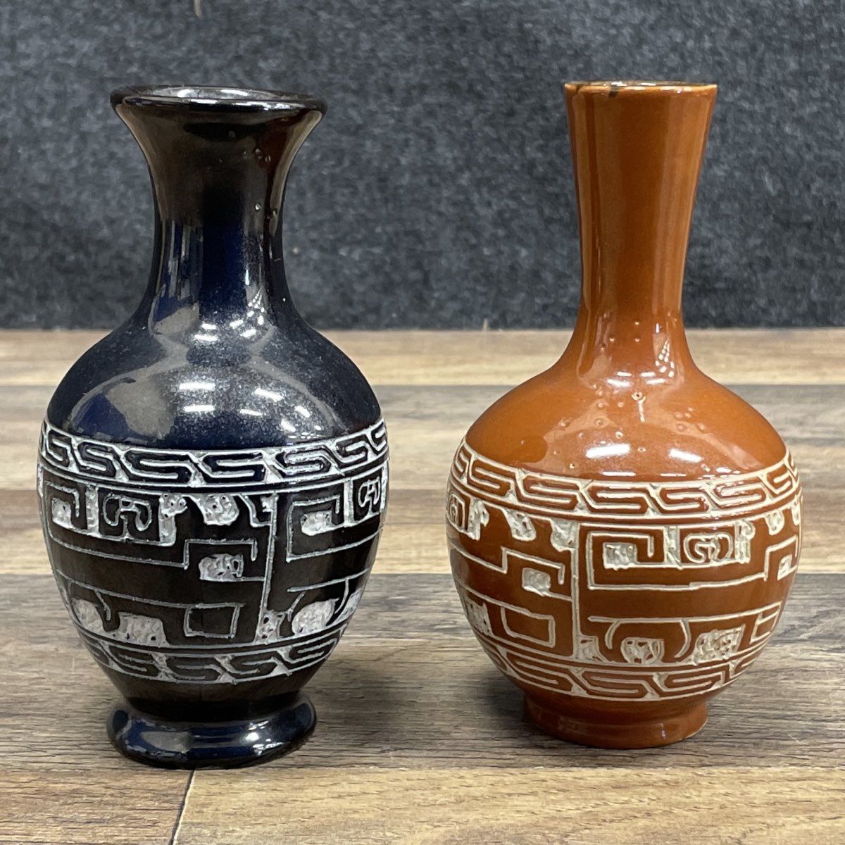 Vintage Pair Hand Carved Sgraffito Pottery Vases Aztec Style Black Brown Set