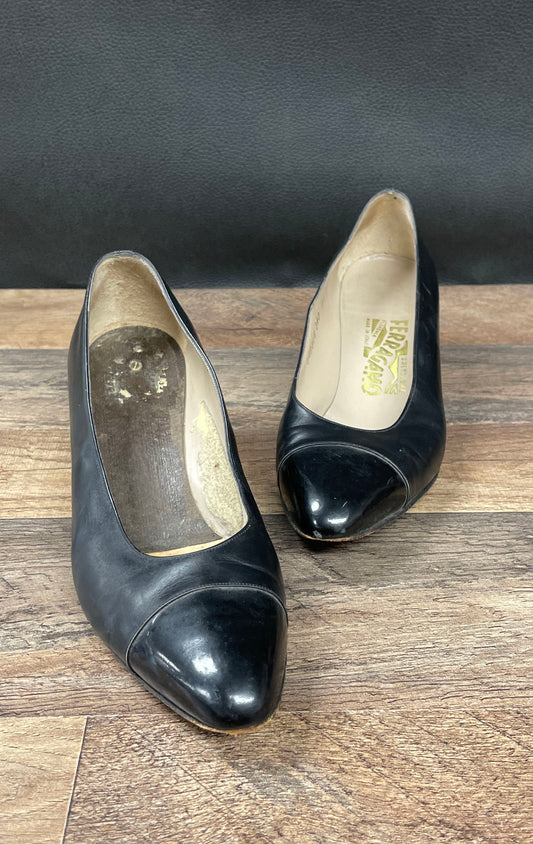Salvatore Ferragamo Black Leather Patent Cap Toe Block Heel Pumps Size 7.5B