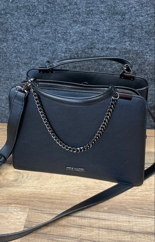 Steve Madden Black Leather Triple Compartment Satchel Crossbody Bag Gunmetal