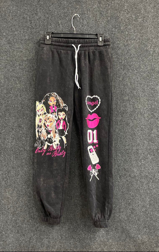 Bratz Women's Faded Black Acid Wash Y2K Graphic Joggers Sweatpants Sz S