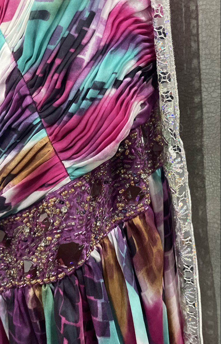 Camille La Vie Woman Purple Teal Beaded Ruched Empire Waist Formal Gown Sz 16W