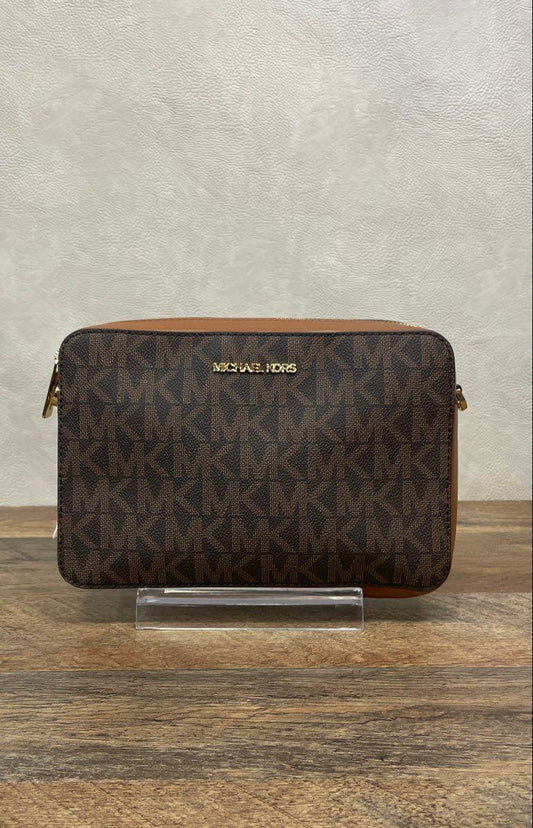 Michael Kors Brown Logo Jet Set Large Crossbody Camera Bag Gold Hardware
