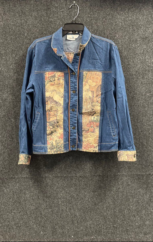Erin London Women's Vintage 90s Denim Jacket Tapestry Panel Button Front Sz L