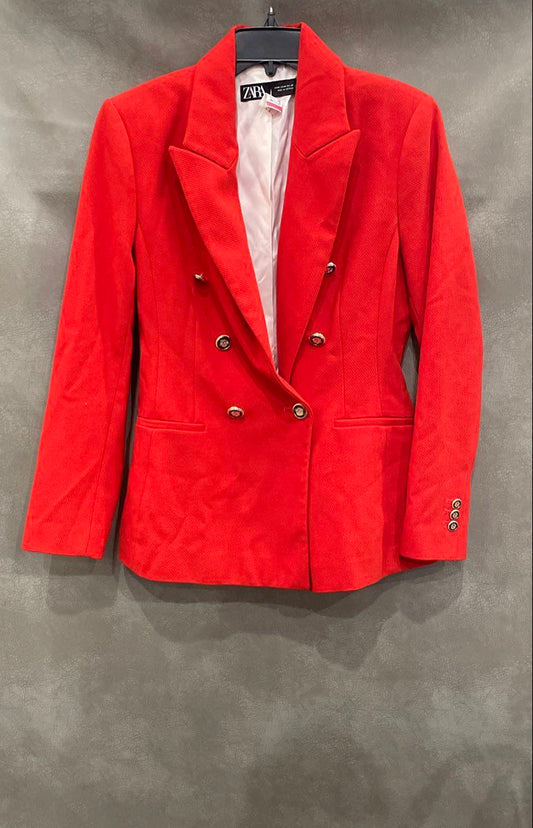 Zara Women's Red Double Breasted Blazer Crested Buttons Peak Lapel Sz M