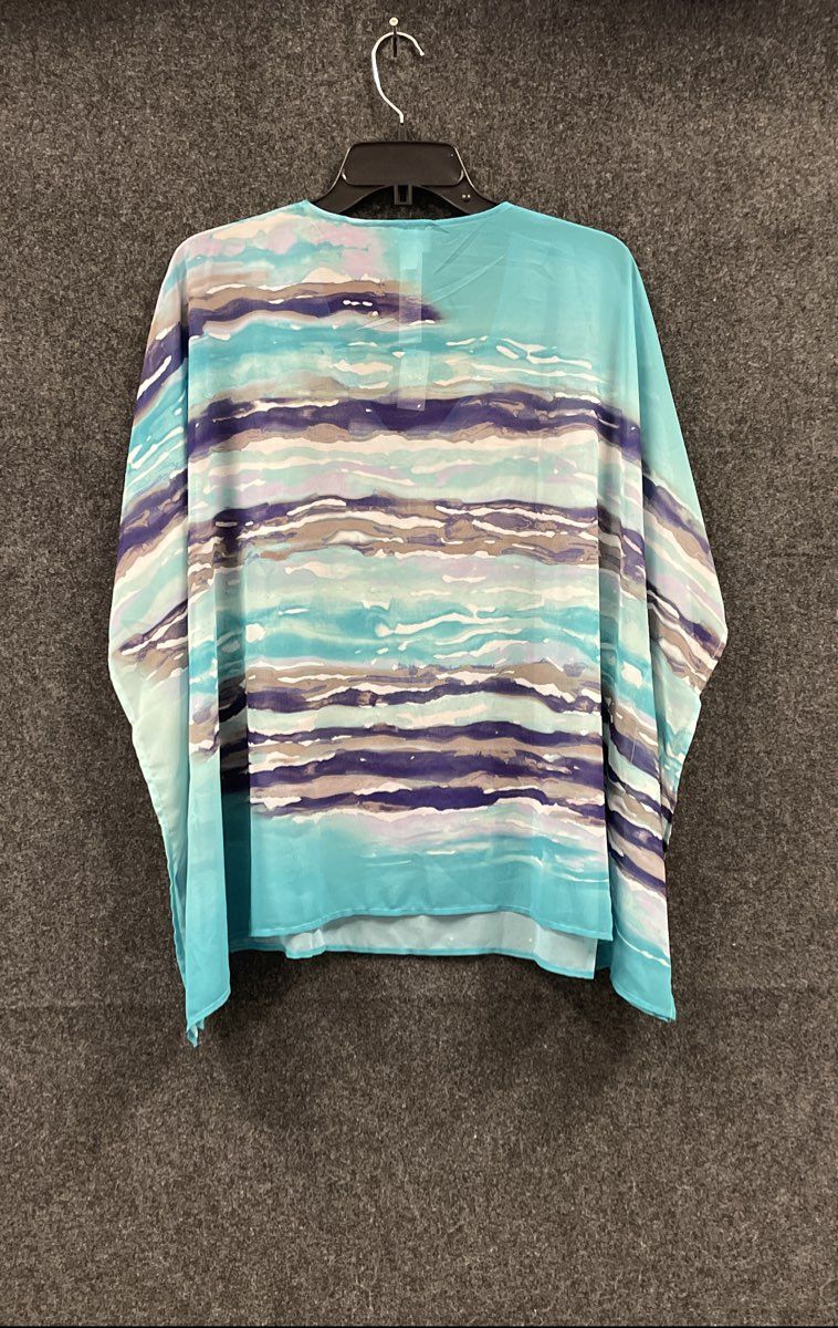 Chico's Women's Paula V Poncho Tibetan Aqua Blue Mixed Watercolor Sz S/M NWT