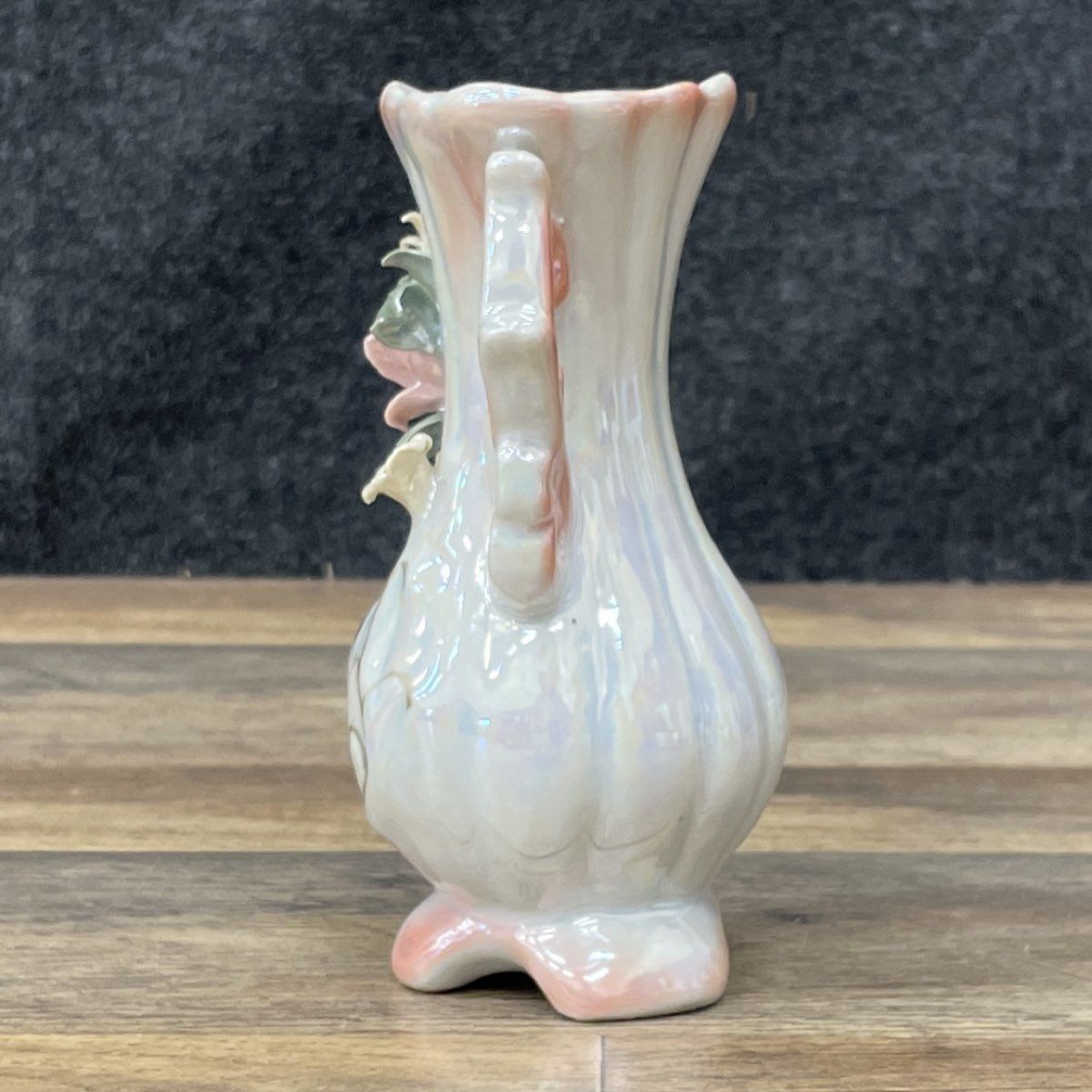 Vintage Lusterware Bud Vase Applied Pink Rose Floral Iridescent 5.5" Mid-Century
