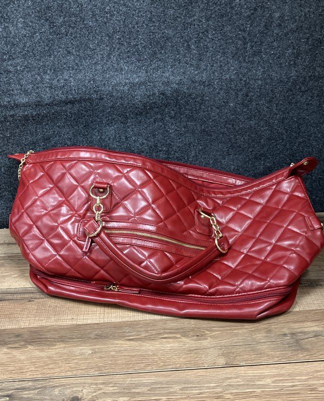 Red Quilted Faux Leather Weekender Travel Duffle Bag Overnight Luggage