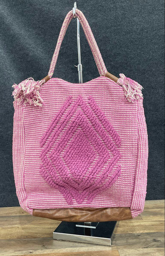 Nadia B Pink Woven Handcrafted Diamond Pattern Tote Bag Large Tassels