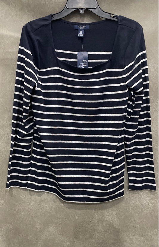 Chaps Women's Petite Blue Silver Metallic Striped Square Neck Top NWT Sz PXL