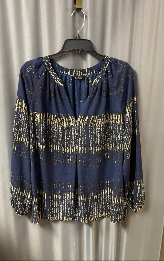 ZOA New York Women's Blue Abstract Print Button V-Neck Long Sleeve Blouse Sz M