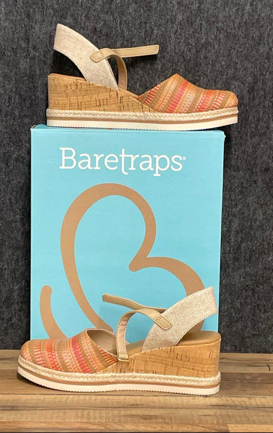 Baretraps Alycia Striped Multicolor Cork Espadrille Wedge Sandals Womens Sz 8 M