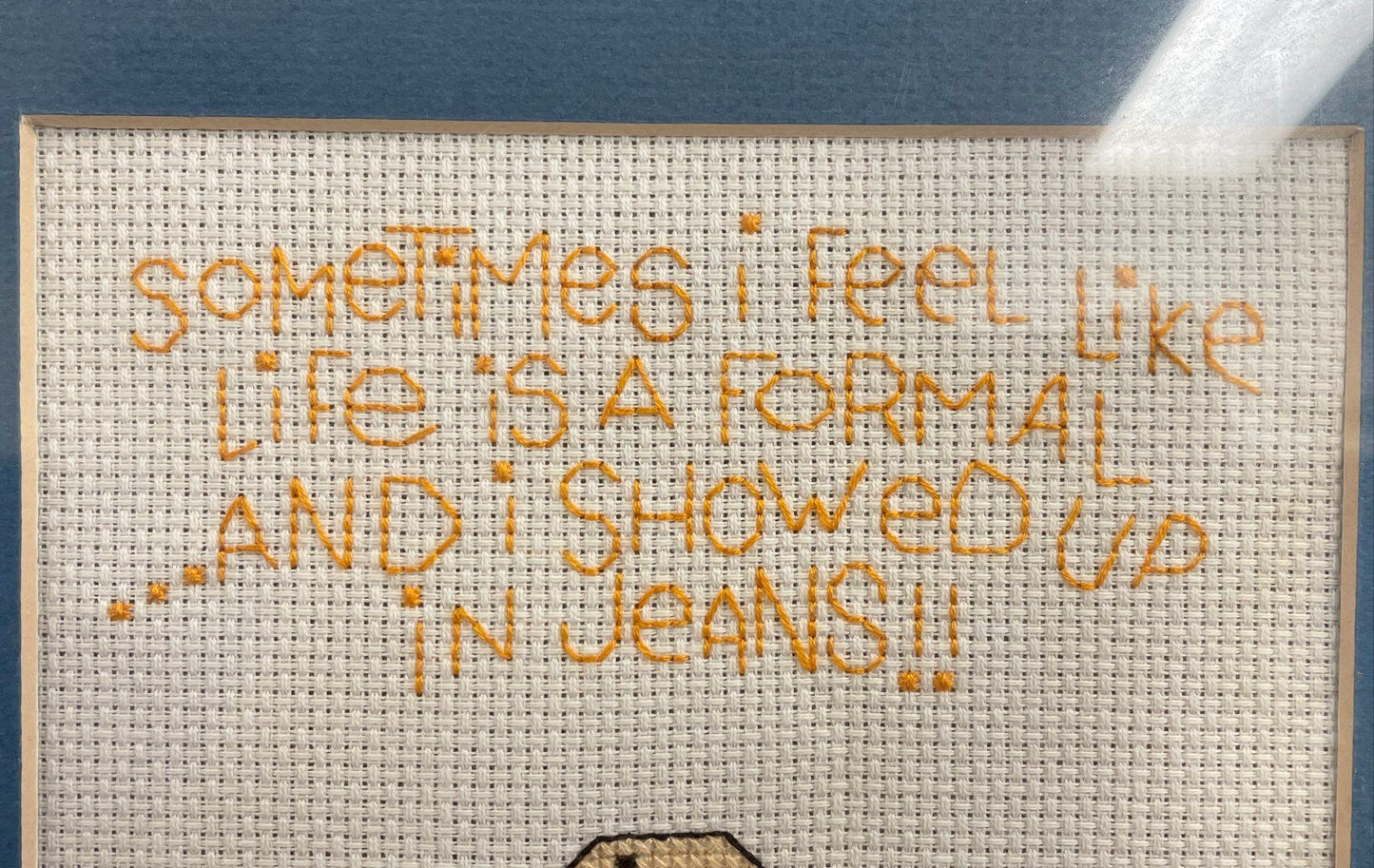 Framed Knit Square "Life is a Formal" Cartoon