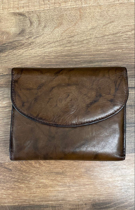 Vintage 80s Brown Leather Tri-Fold Wallet Kiss Lock Coin Purse Gold Hardware