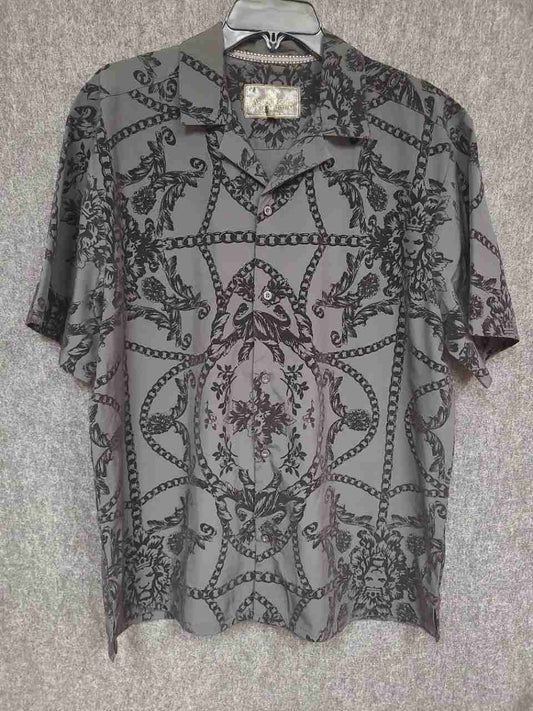 Baroque Gold Premium Men's Gray Baroque Lion Chain Print Short Sleeve Shirt Sz L