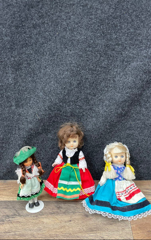 Vintage Souvenir Doll Lot 3 Pcs International Costume Hong Kong Made Sleep Eyes