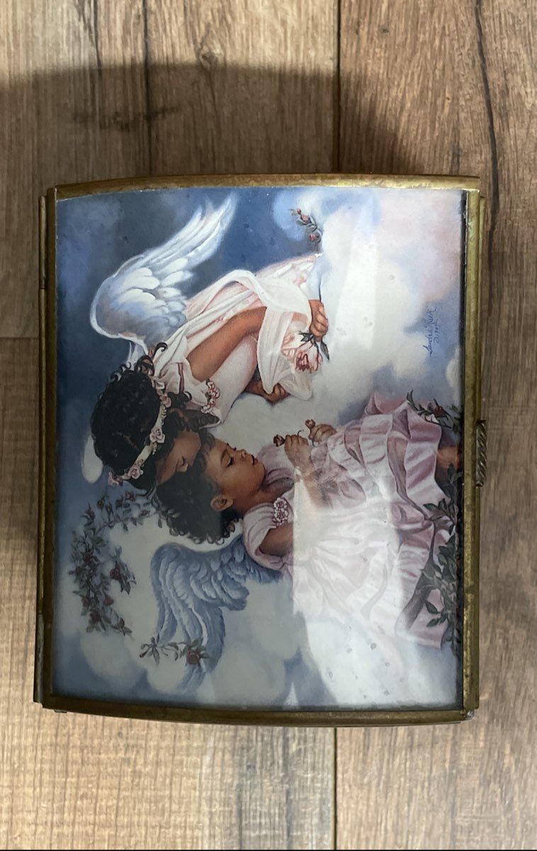 Vintage Enesco Music Box Sandra Kuck Angel Art Brass & Tortoise Shell Finish
