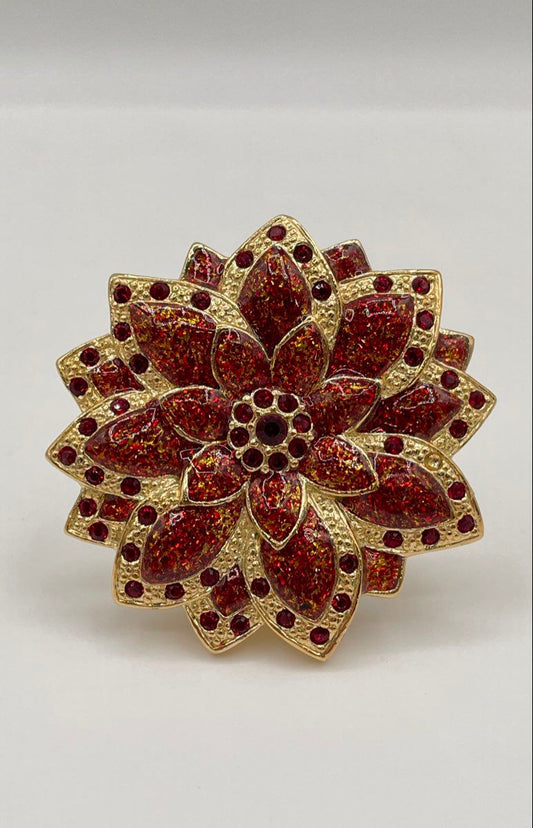 Roman Gold-Tone Red Rhinestone Glitter Enamel Poinsettia Flower Brooch Pin 22.7g
