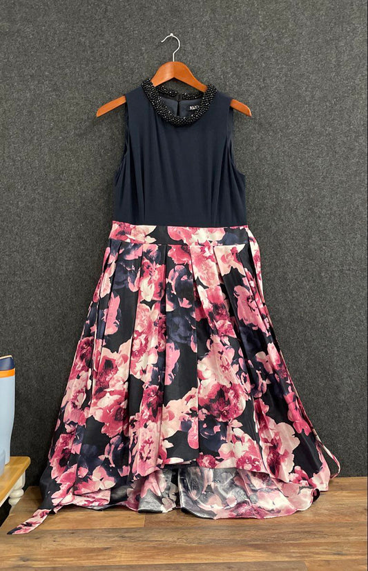 SLNY Women's Navy Blue Beaded Neckline High-Low Floral Evening Gown Dress Sz 12