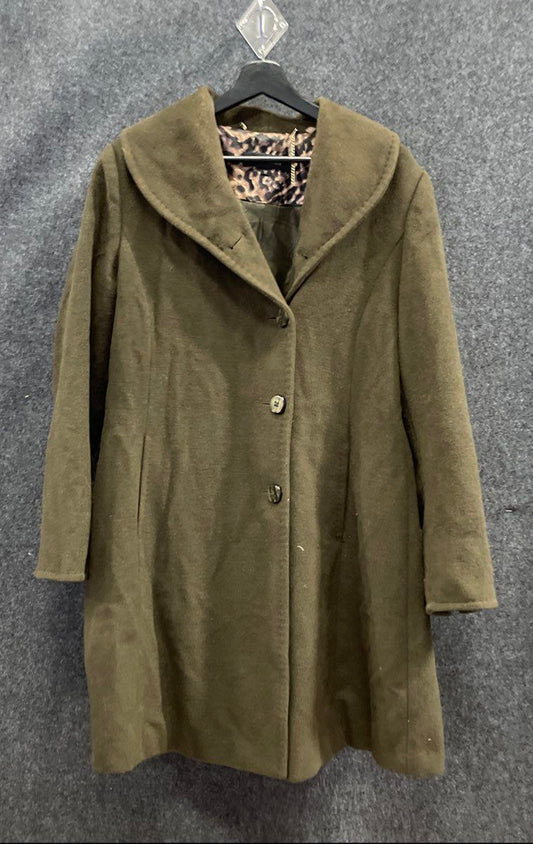 Ellen Tracy Women's Green Wool Blend Shawl Collar Coat Leopard Lining Sz 12