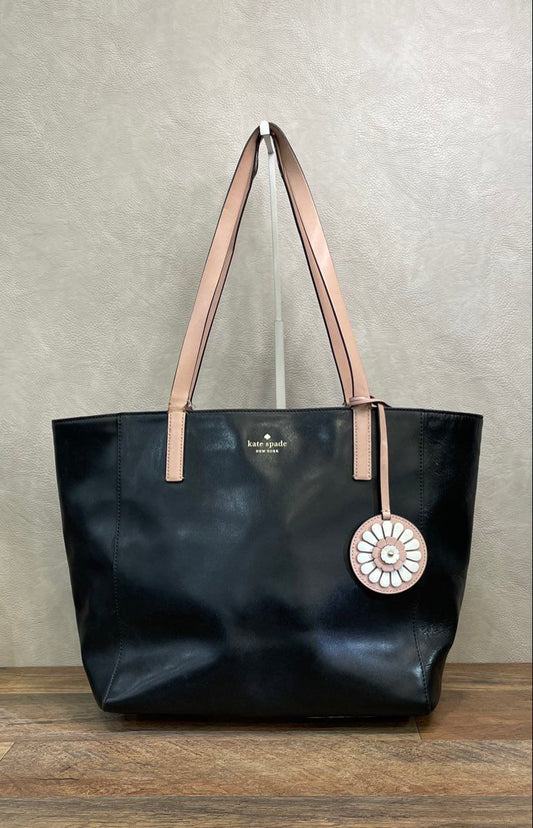 Kate Spade Black and Pink Leather Tote Bag with Daisy Flower Charm