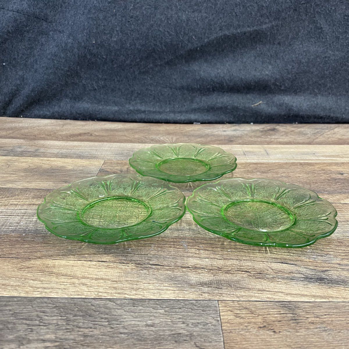 Set of 3 Green Depression Glass Plates