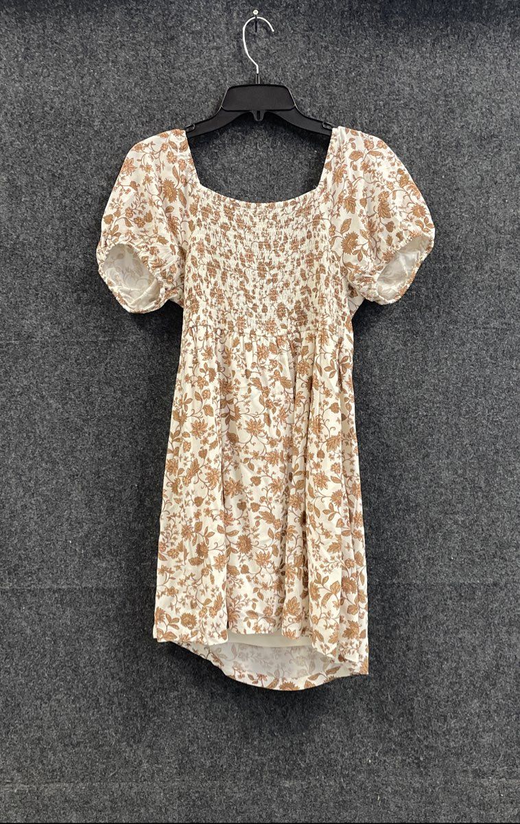 Jessica Simpson Women's Brown White Floral Smocked Puff Sleeve Mini Dress Sz L