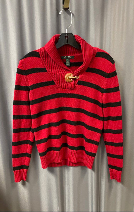 Lauren Ralph Lauren Women's Red Black Striped Shawl Collar Toggle Sweater Sz XS