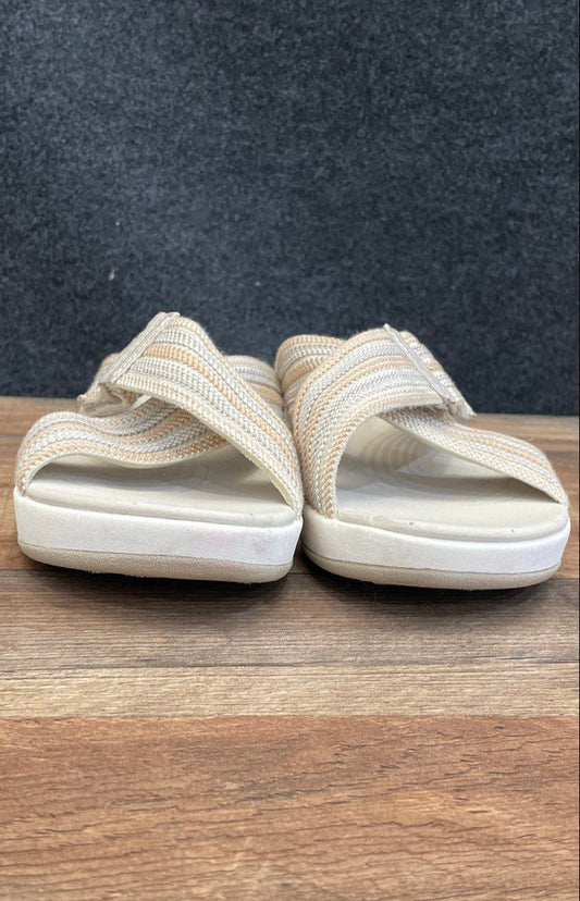 Clarks Cloudsteppers White Tan Striped Adjustable Slide Sandals Women's Size 10W
