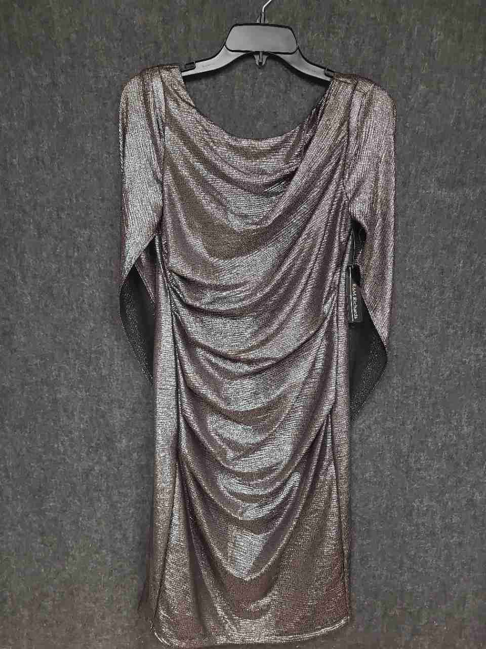 R&M Richards Women's Gunmetal Metallic Ruched Draped Back Cocktail Dress NWT 6