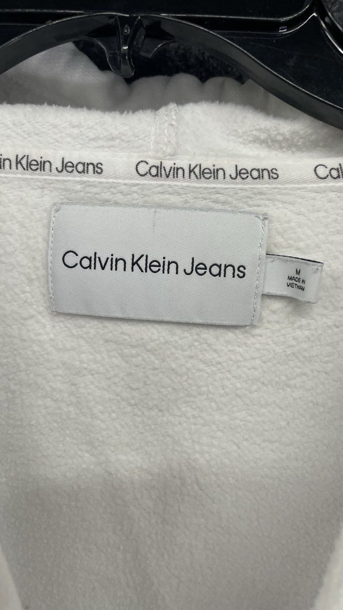 Calvin Klein Jeans Women's White Cropped Hoodie Raw Hem Logo Sleeve Sz M