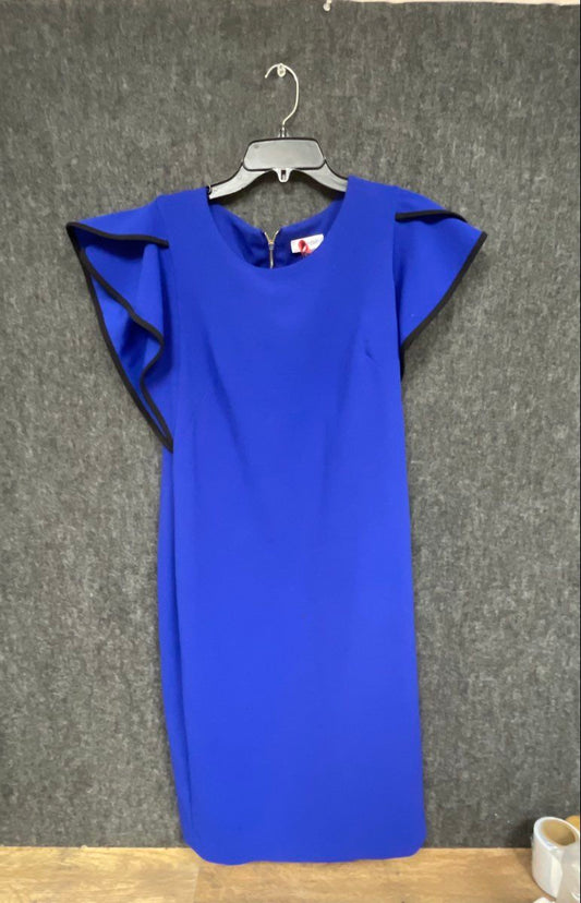Calvin Klein Women's Blue Flutter Ruffle Sleeve Sheath Dress Black Trim Size 12