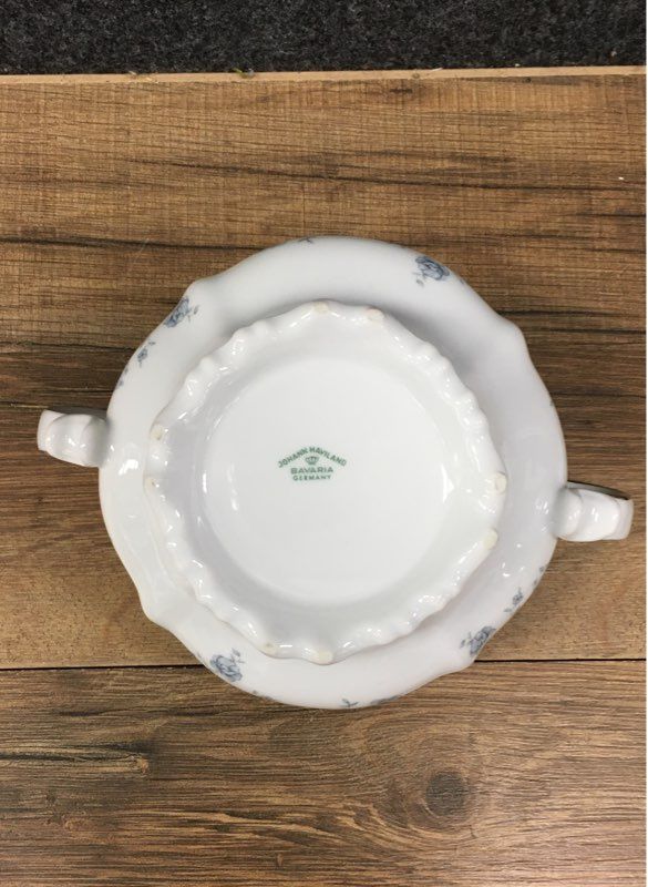 Johann Haviland Blue Garland Lidded Sugar Bowl & Underplate Set Vintage