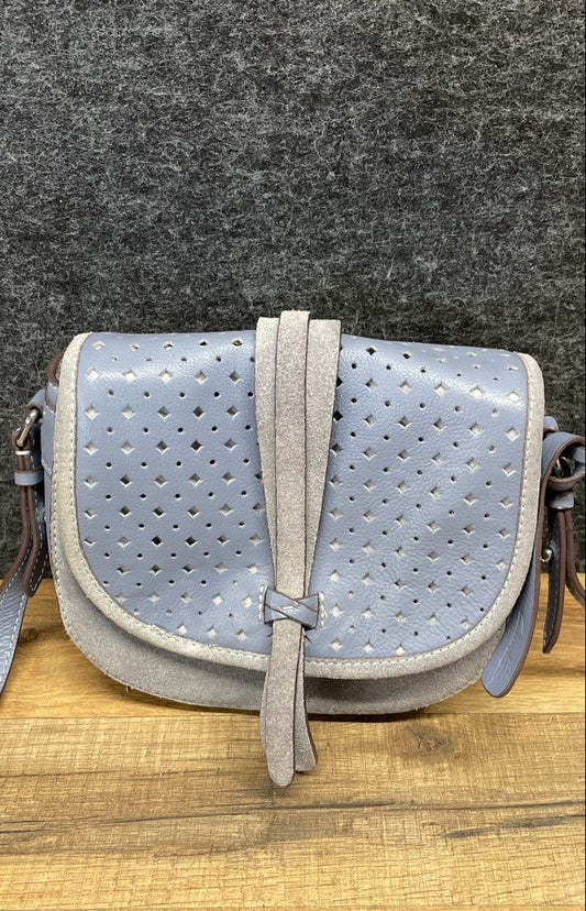 Clarks Blue Pebbled Leather Laser Cut Suede Trim Crossbody Shoulder Saddle Bag