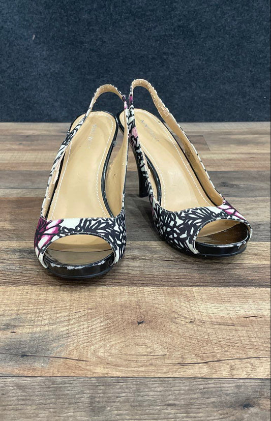 Nine West Lambert White Black Floral Peep Toe Slingback Heels Women's Size 8.5
