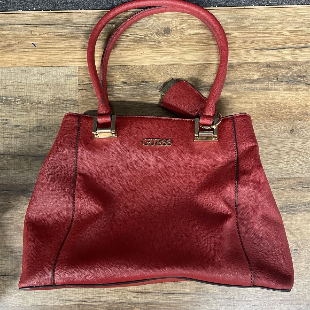 Guess Red Breana Medium Shopper Tote Bag With Key Chain Gold Hardware