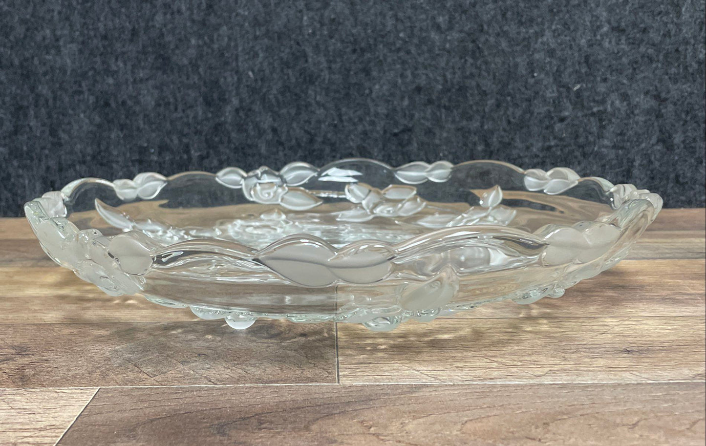 Pressed Glass Frosted Rose Floral Serving Platter & Divided Relish Tray Lot 2pc