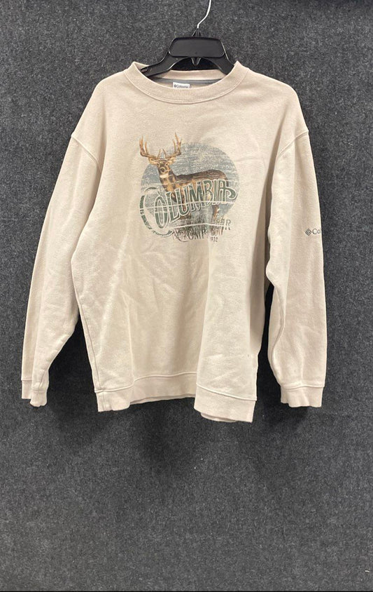 Columbia Men's Sweatshirt Beige Deer Graphic Crewneck Logo Size L