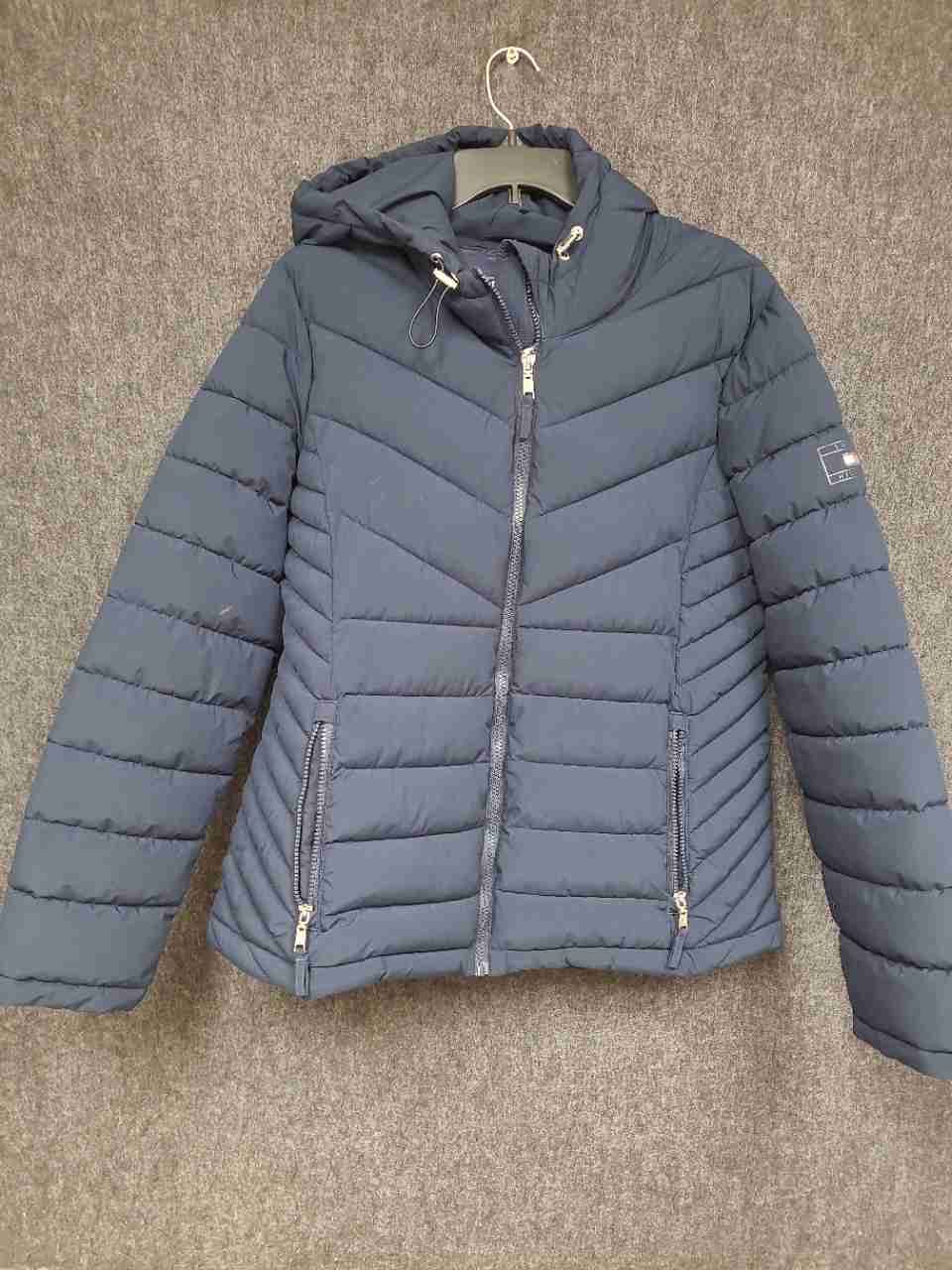 Tommy Hilfiger Women's Navy Blue Chevron Quilted Puffer Jacket Hooded Sz XL